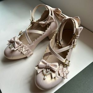 Lolita beige luminous Lolita shoes with bows, 3cm heel, sea star themed